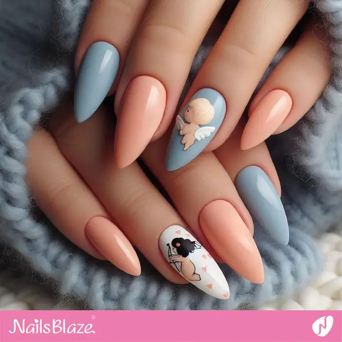 Peach Fuzz and Blue Nails with Valentine's Day Cupid Design | Valentine Nails - NB2352